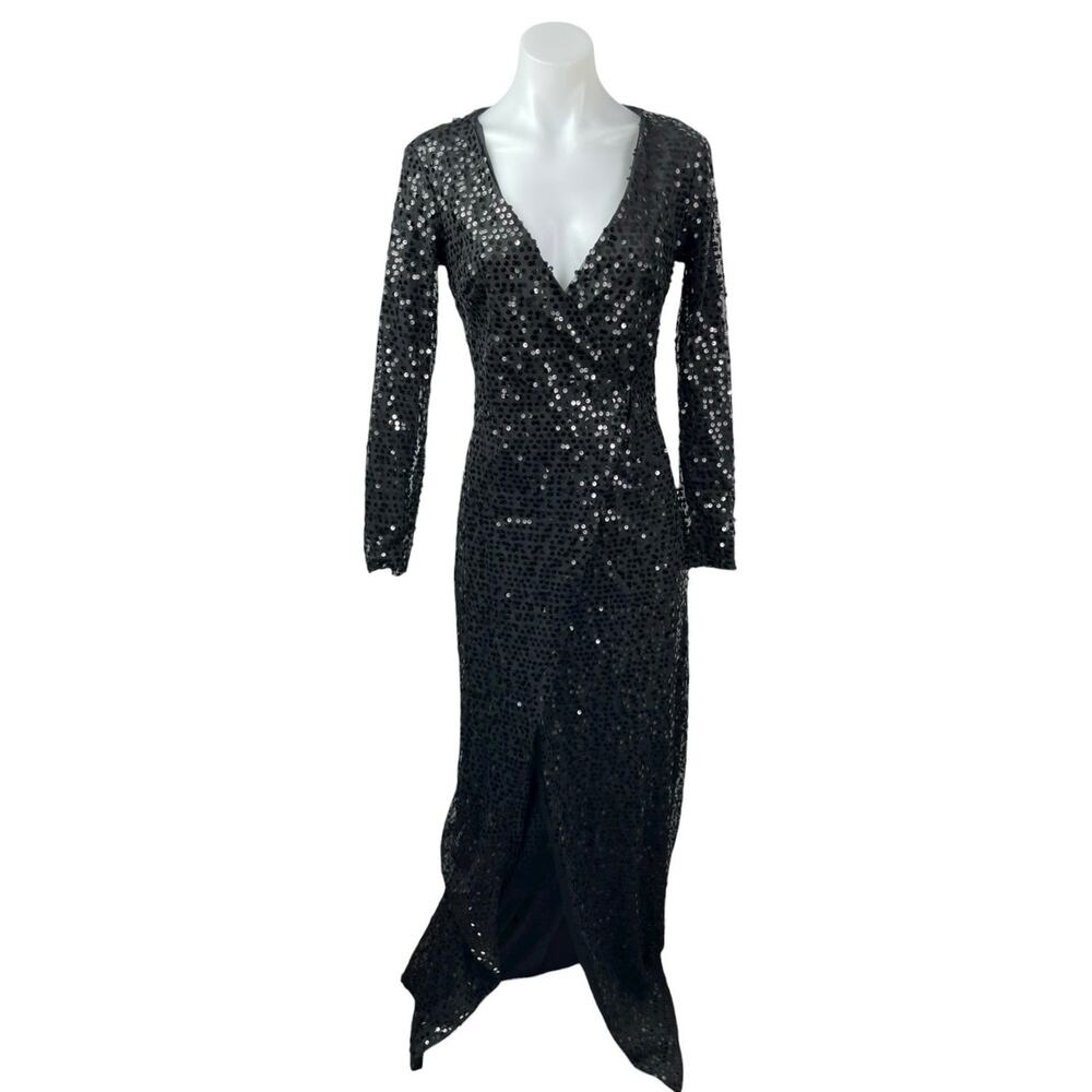 Women's Black Sequin Sparkly Long Sleeve V Neck Evening Gown Maxi Dress Size S/M